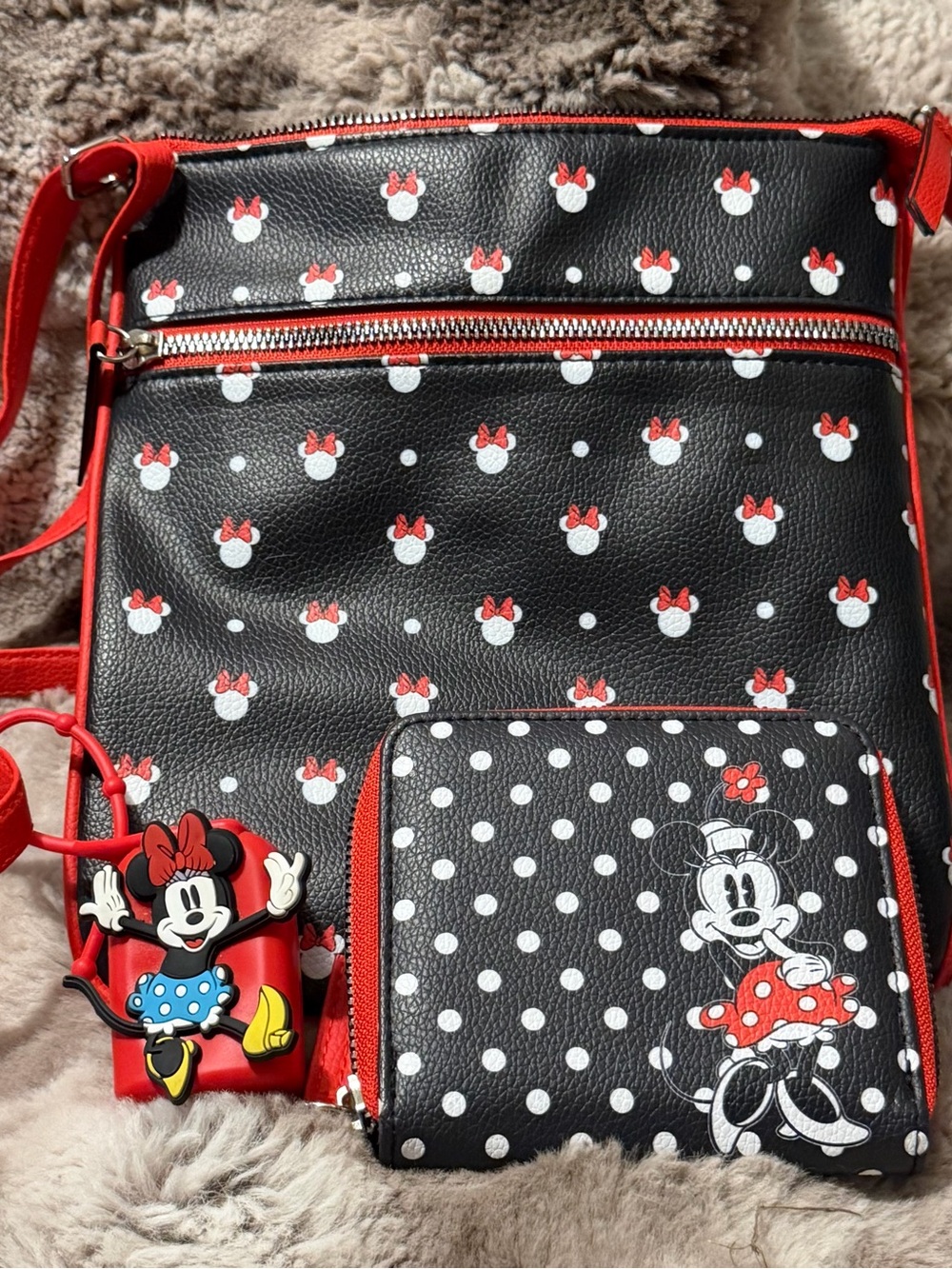 Disney Minnie Mouse Crossbody Bag and Wallet Set Polka Dot Red Black One Size